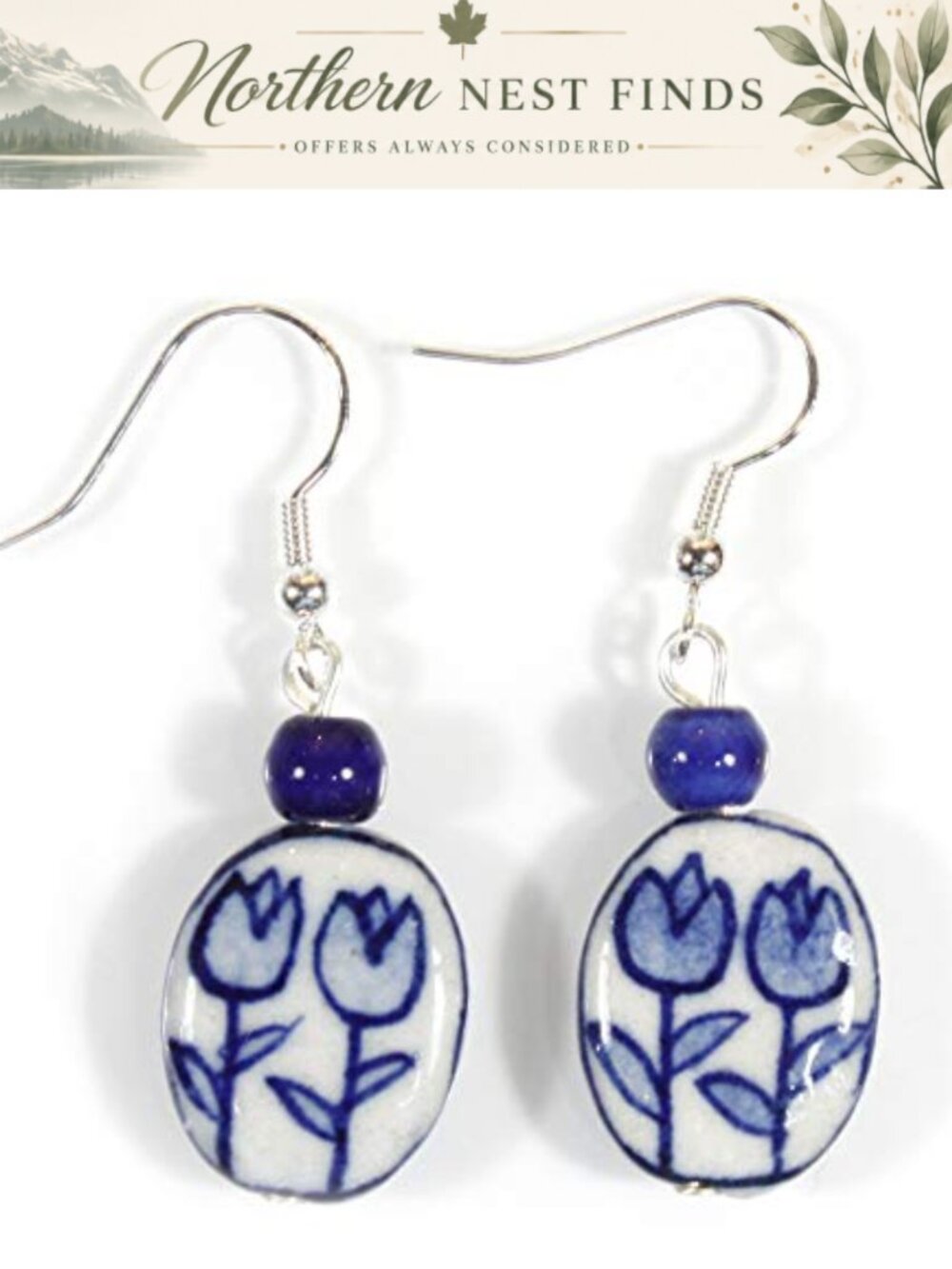 Hand Painted Porcelain Tulip Earrings Silver Plated French Wires Gift Box